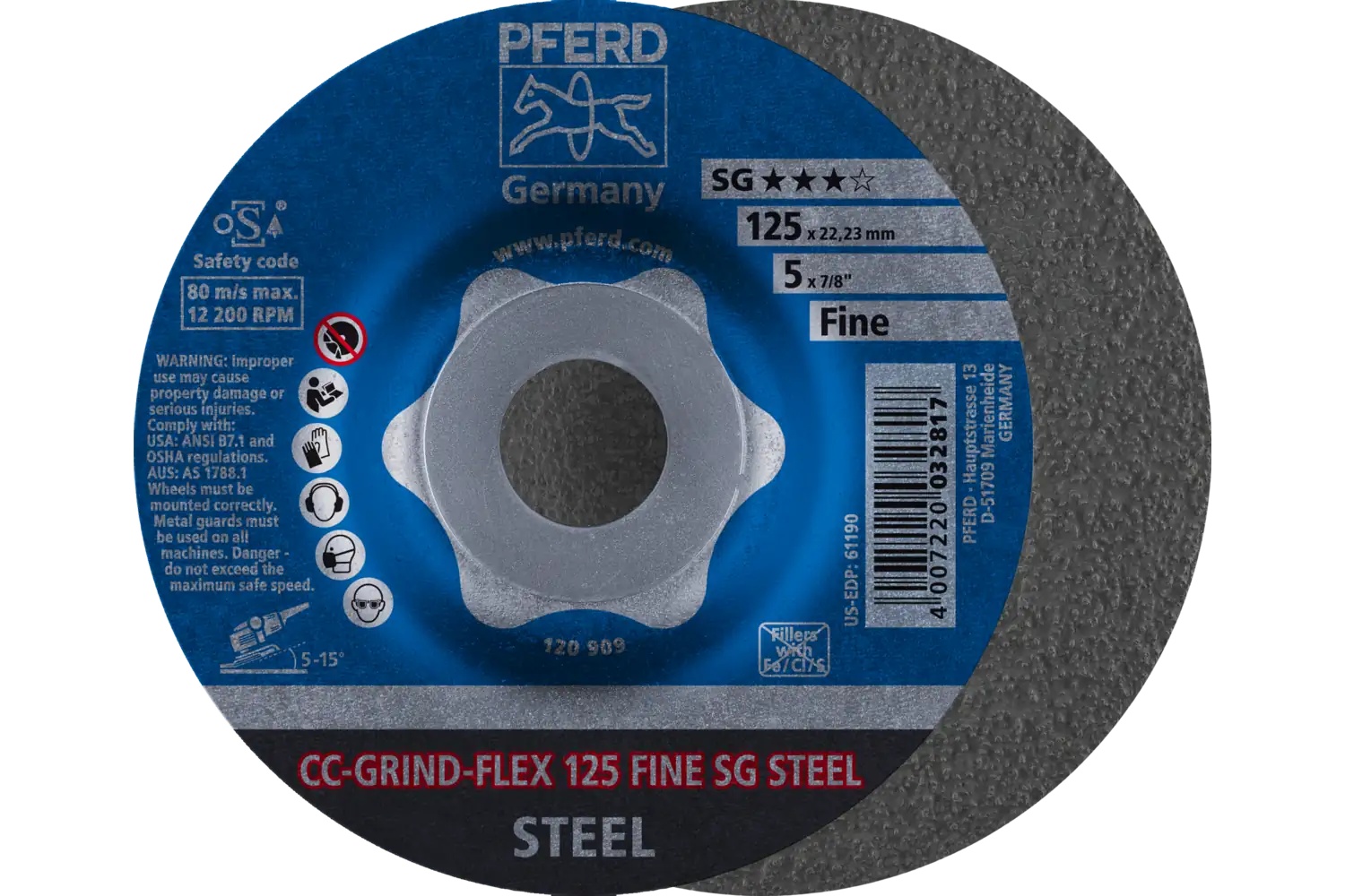 Picture of Pferd Grinding disc, CC-Grind®-Flex, 4-1/2" x 7/8, SG Steel, Fine, Ceramic